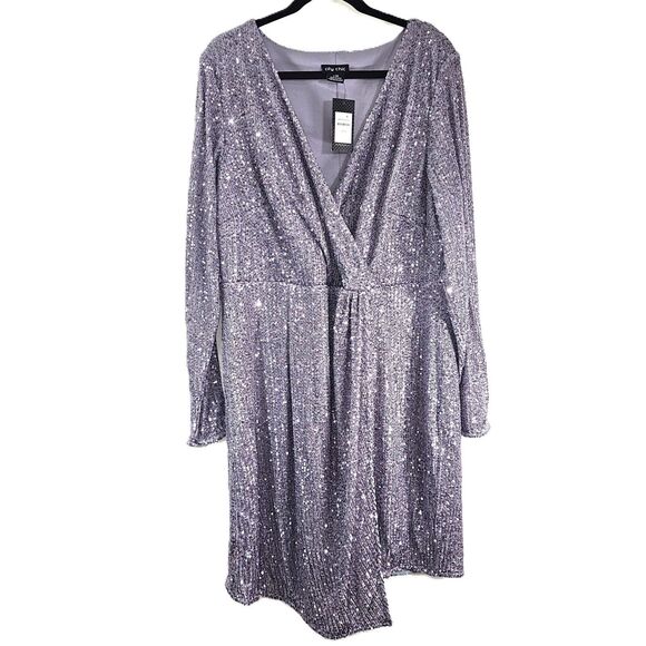 City Chic Razzle Sequin Wrap Dress L/20 Metallic Silver Long Sleeve Party NWT - Picture 3 of 8